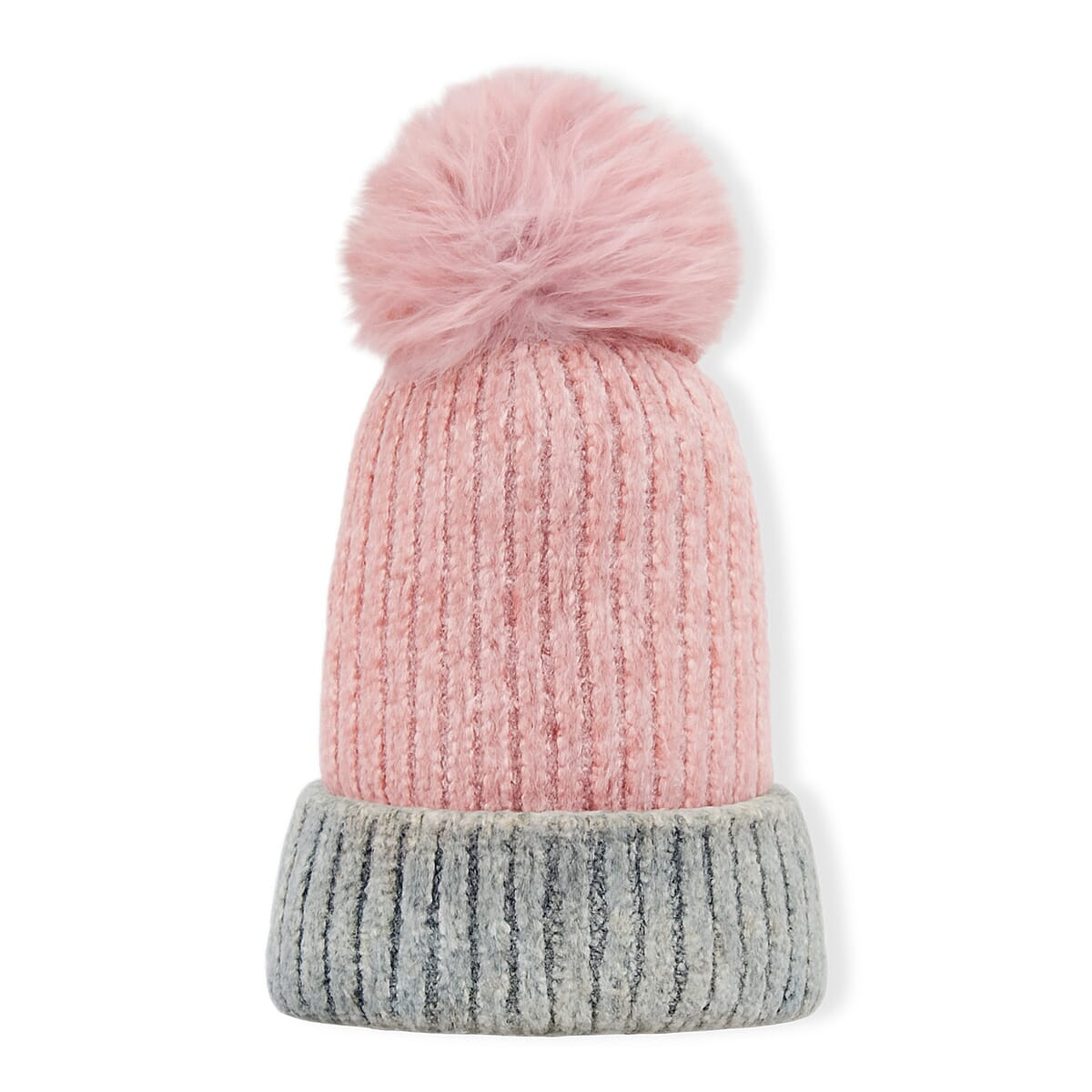 Two - Tone Ribbed Beanie Hat with Faux Fur Pom-Pom - Pink - Grey