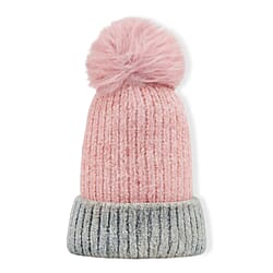 Two - Tone Ribbed Beanie Hat with Faux Fur Pom-Pom - Pink - Grey