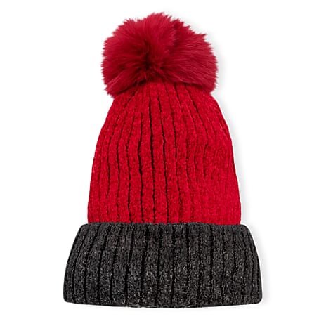 Two - Tone Ribbed Beanie Hat with Faux Fur Pom-Pom - Red - Black