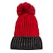 Two - Tone Ribbed Beanie Hat with Faux Fur Pom-Pom - Red - Black