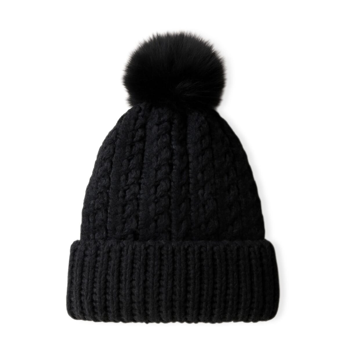 Chunky Cable Knit Beanie Hat with Faux Fur Pom-Pom - Black