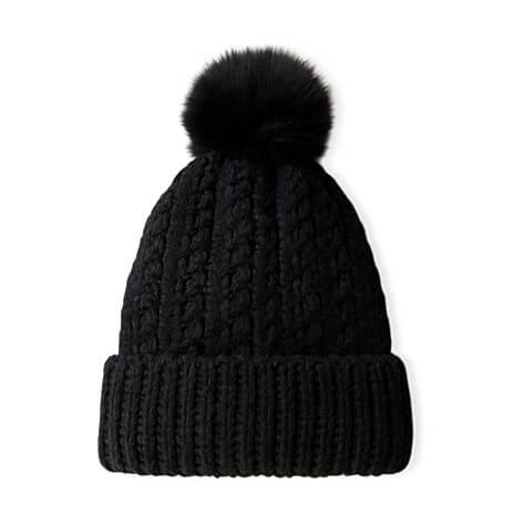 Chunky Cable Knit Beanie Hat with Faux Fur Pom-Pom - Black
