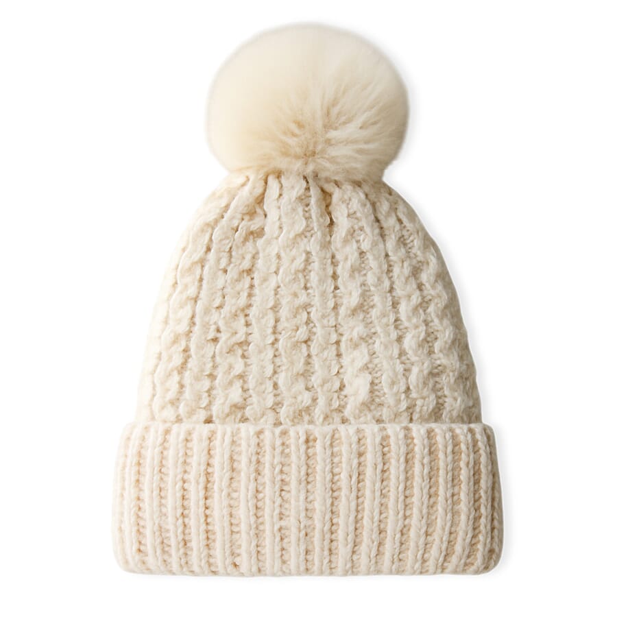 Chunky Cable Knit Beanie Hat with Faux Fur Pom-Pom - Cream