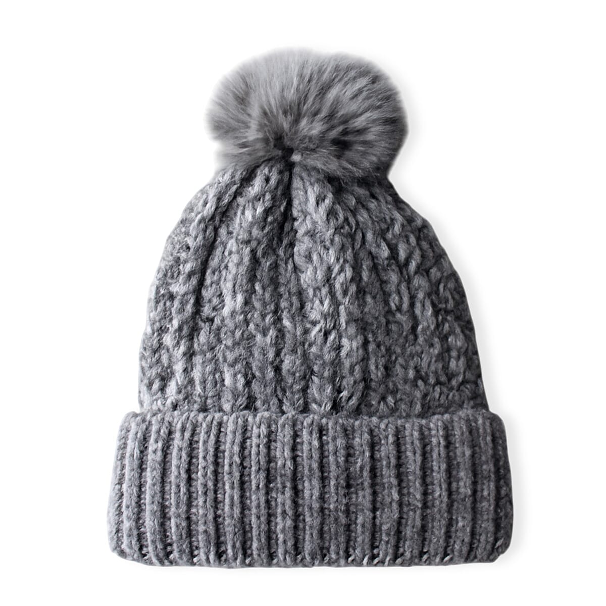 Chunky Cable Knit Beanie Hat with Faux Fur Pom-Pom - Grey