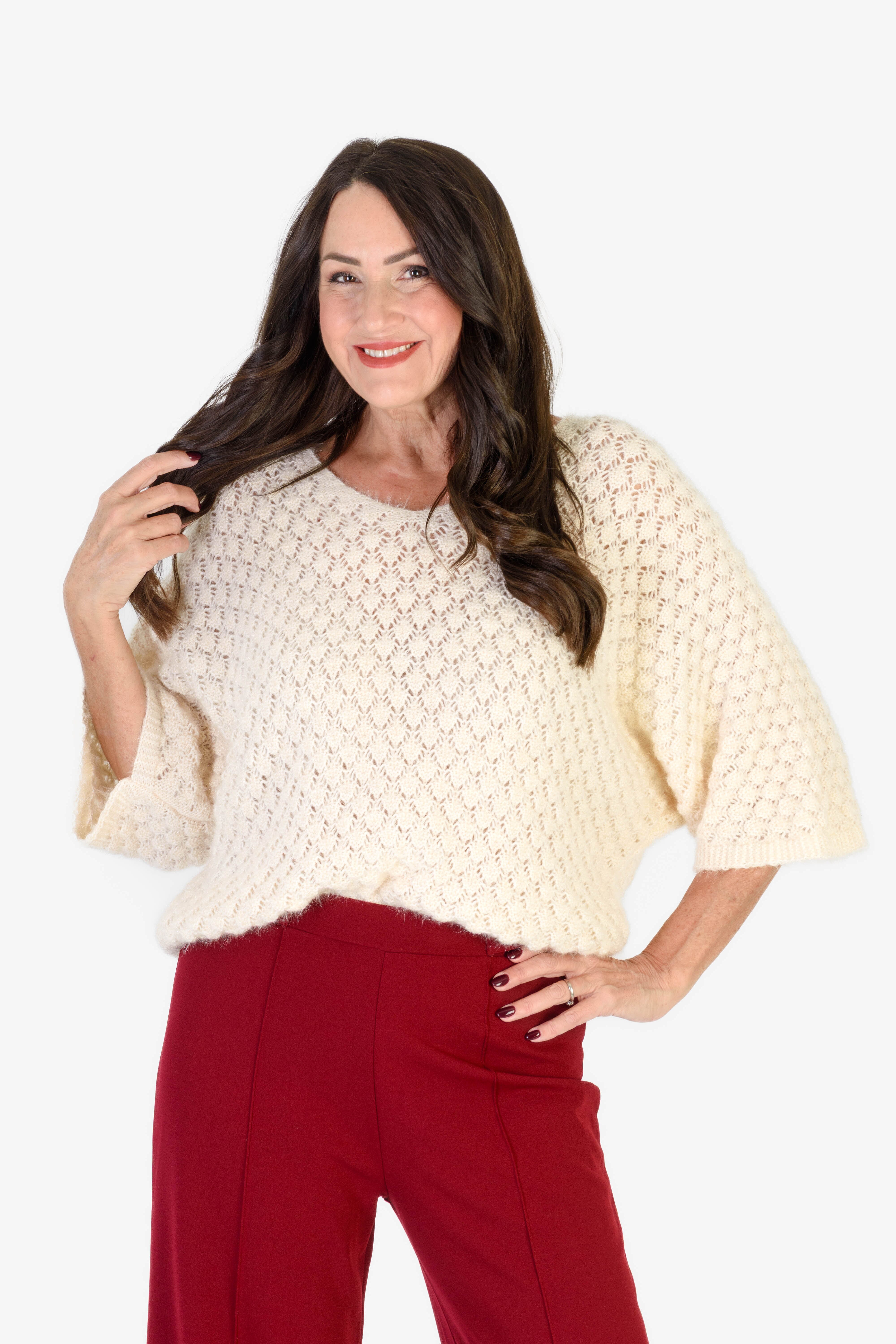 THE SHOWSTOPPER- Sugar Crisp Supersoft Crochet Knit Batwing Sleeve Jumper (One Size 8 TO 20) - Beige