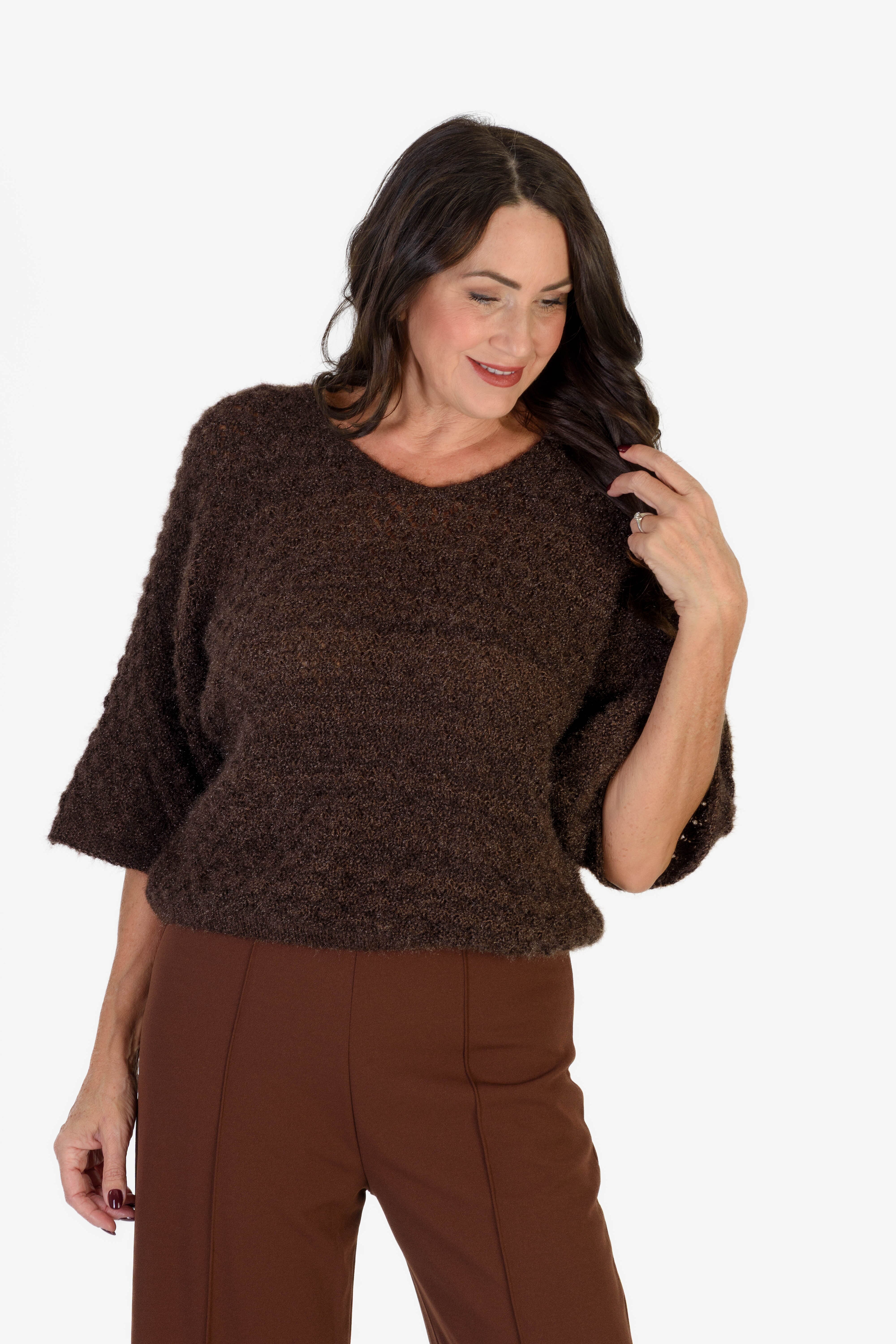 THE SHOWSTOPPER- Sugar Crisp Supersoft Crochet Knit Batwing Sleeve Jumper (One Size 8 TO 20) - Chocolate Brown