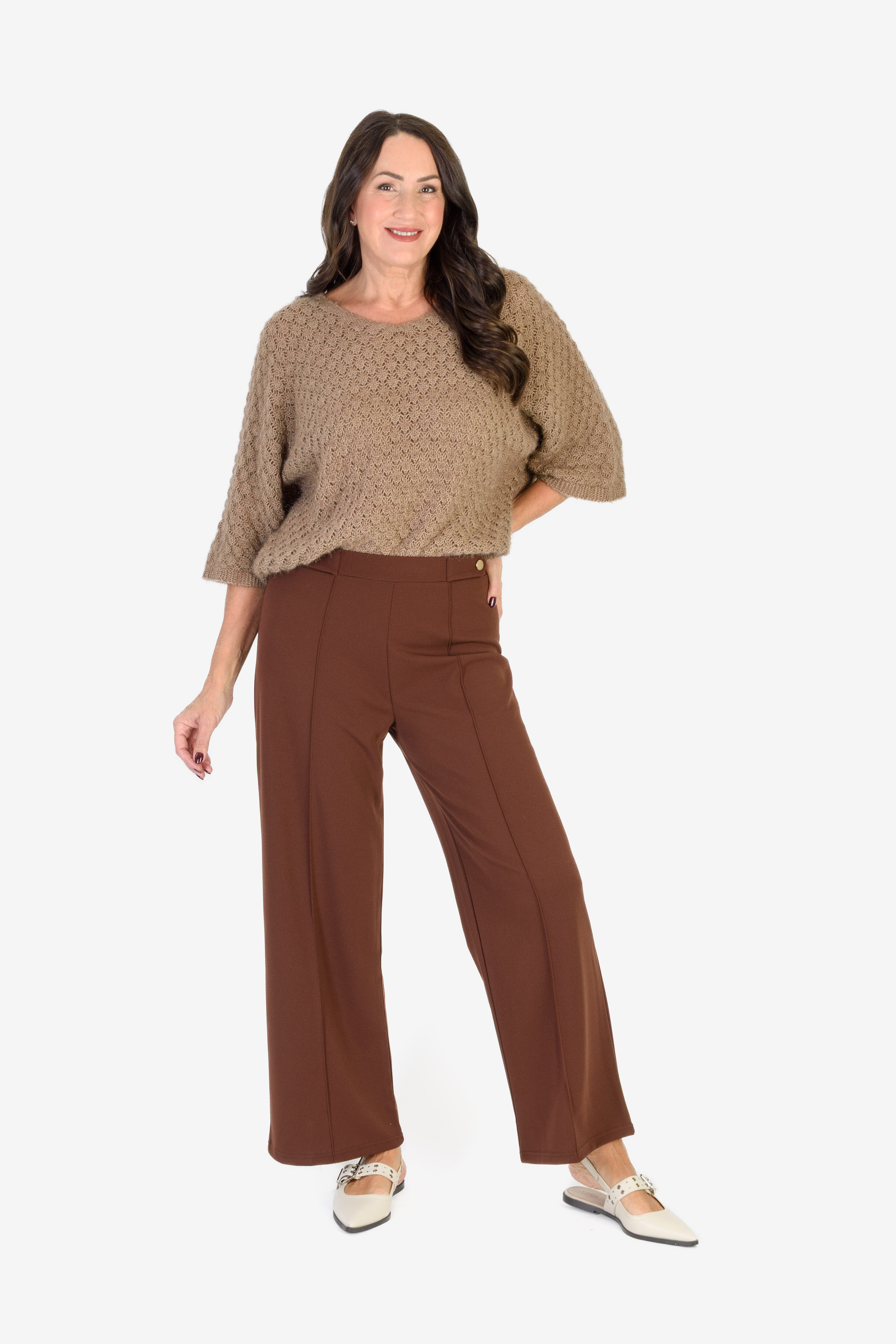 Sugar Crisp Supersoft Crochet Knit Batwing Sleeve Jumper (One Size 8 TO 20) - Mocha
