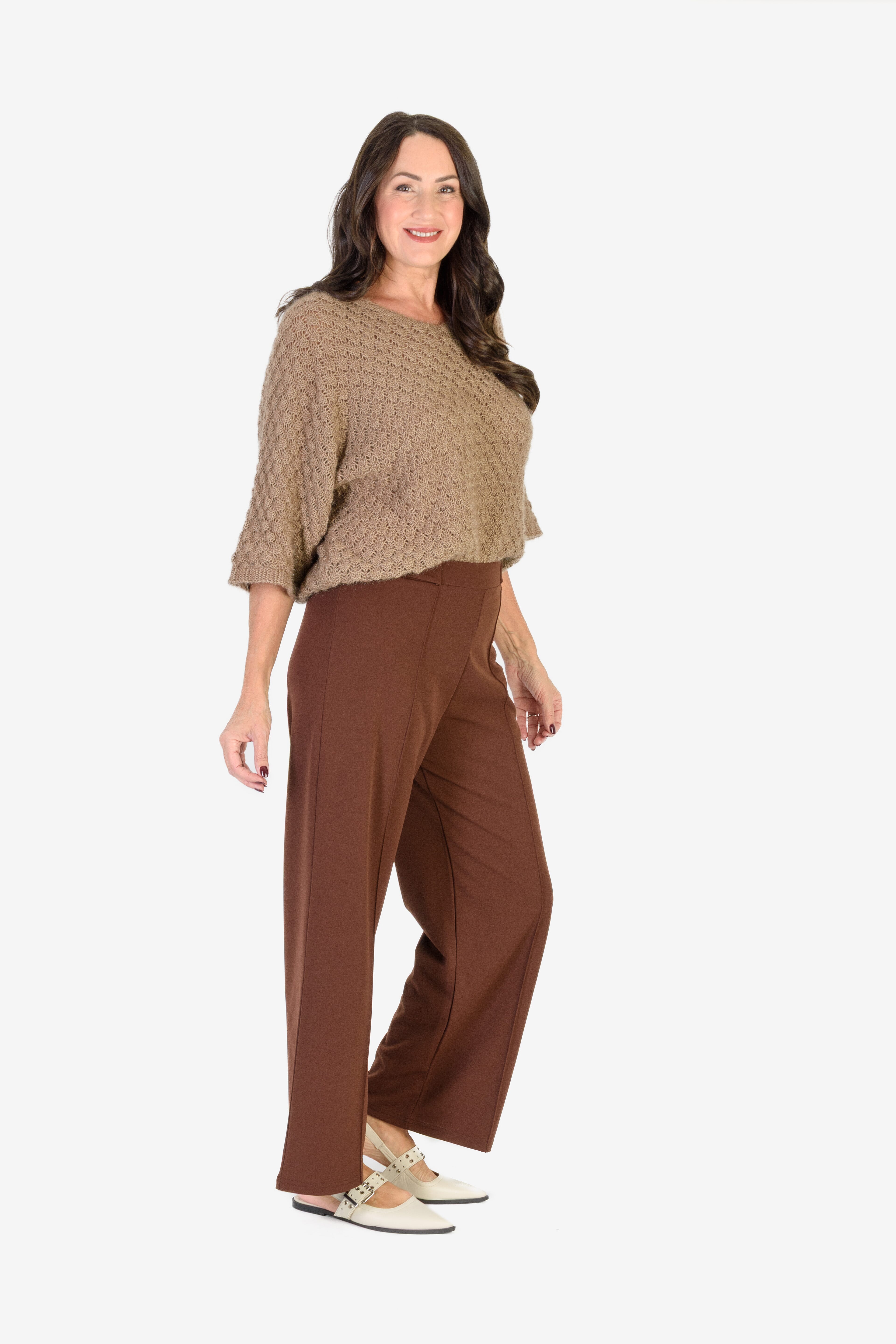 Sugar Crisp Supersoft Crochet Knit Batwing Sleeve Jumper (One Size 8 TO 20) - Mocha
