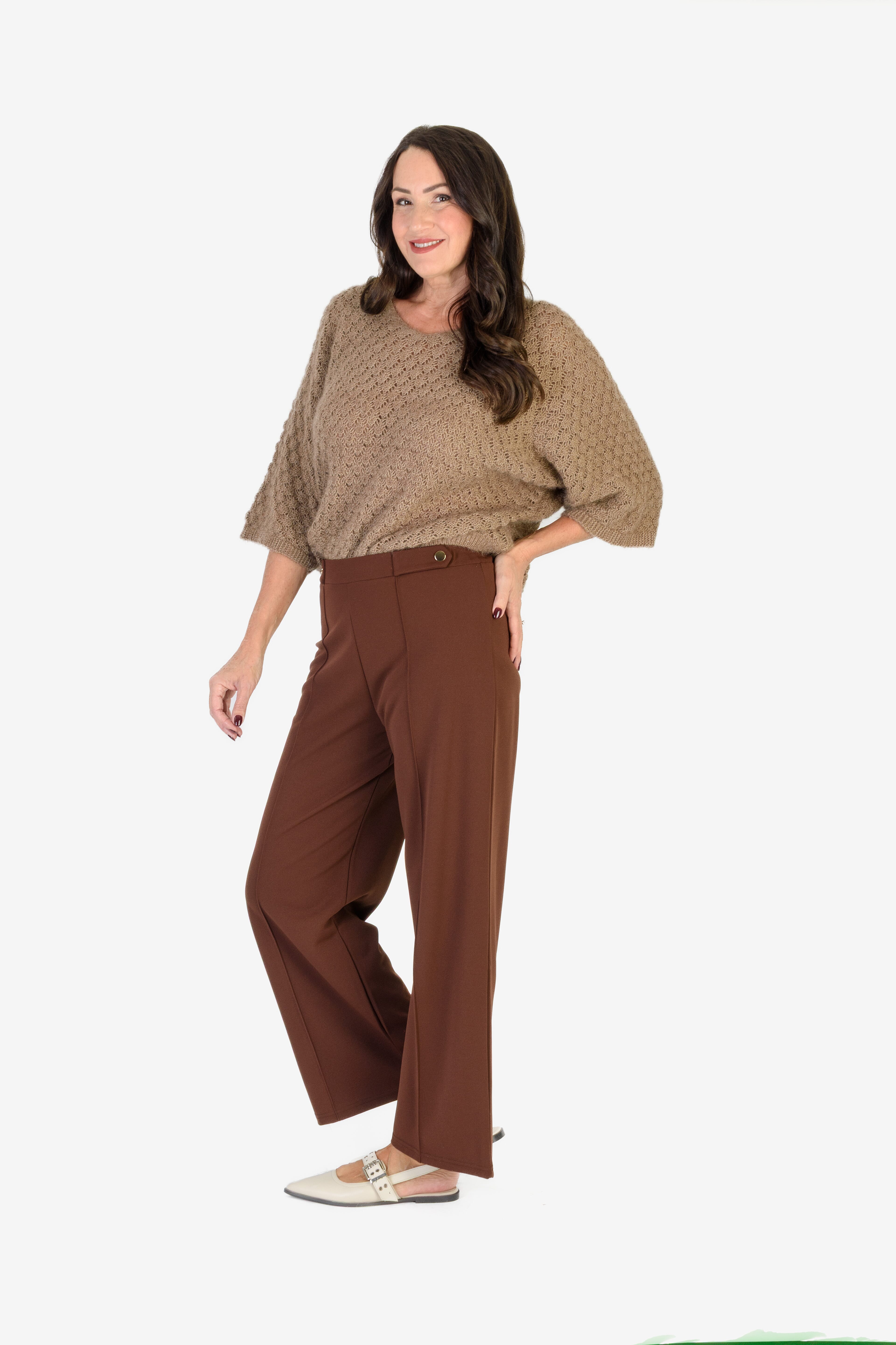 Sugar Crisp Supersoft Crochet Knit Batwing Sleeve Jumper (One Size 8 TO 20) - Mocha