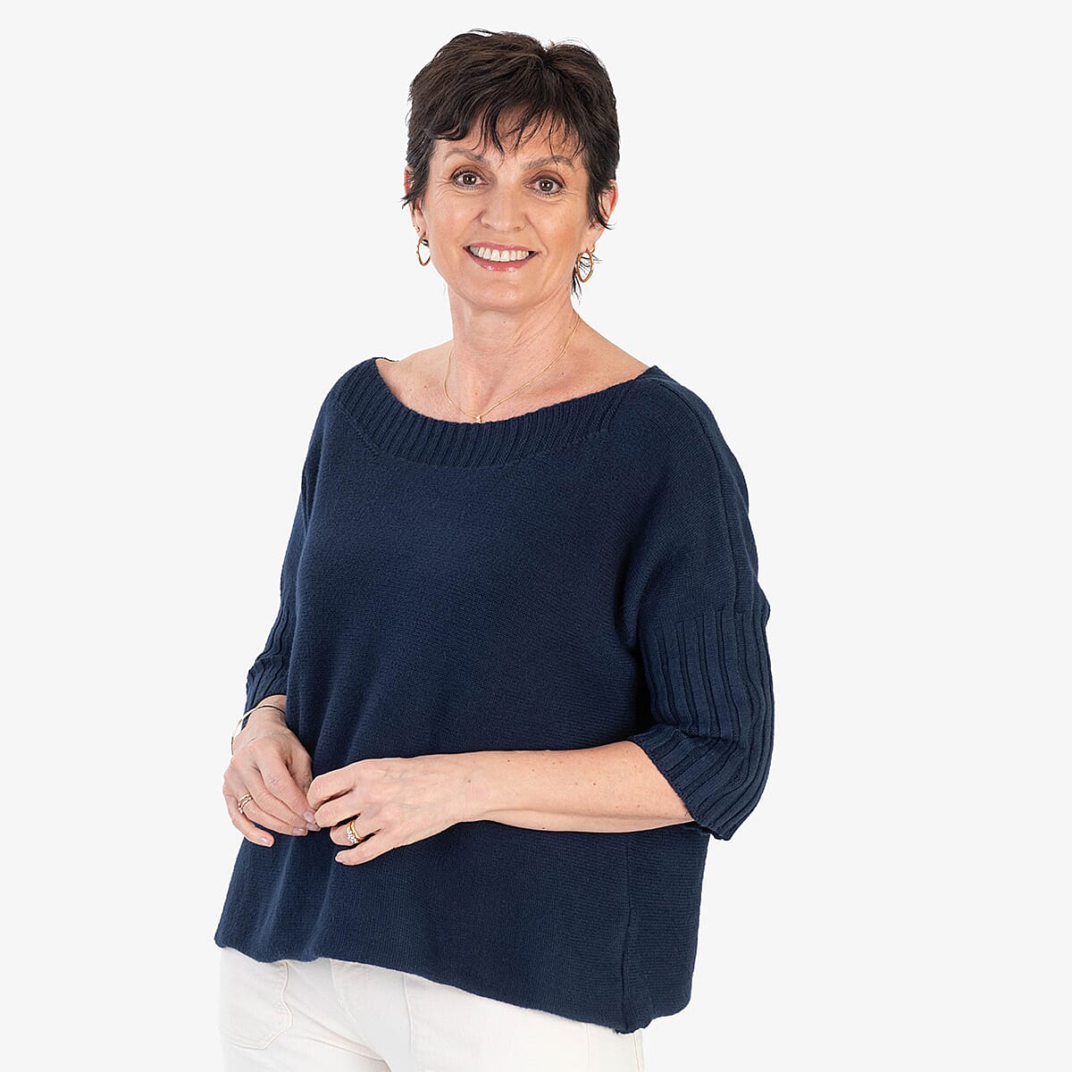 Sugar Crisp Ribbed Off-Shoulder Boat Neck Jumper (One Size, Upto 18) - Navy