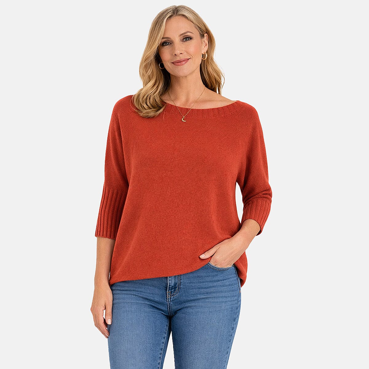 Sugar Crisp Ribbed Off-Shoulder Boat Neck Jumper (One Size, Upto 18) - Brick