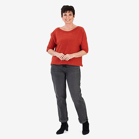 Sugar Crisp Ribbed Off-Shoulder Boat Neck Jumper (One Size, Upto 16) - Brick