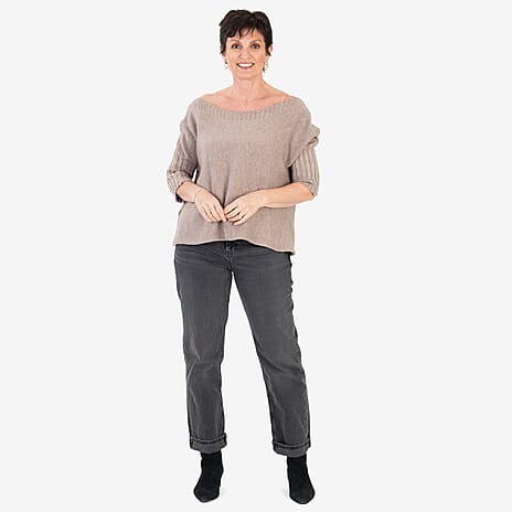 Sugar Crisp Ribbed Off-Shoulder Boat Neck Jumper (One Size, Upto 16) - Mocha