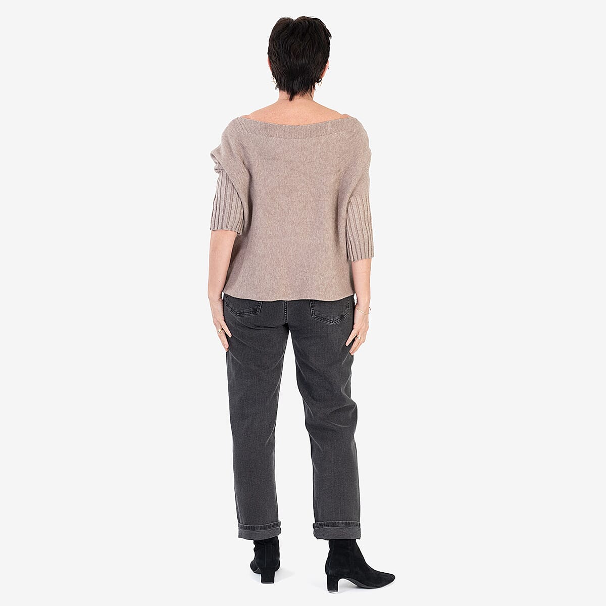 Sugar Crisp Ribbed Off-Shoulder Boat Neck Jumper (One Size, Upto 18) - Mocha