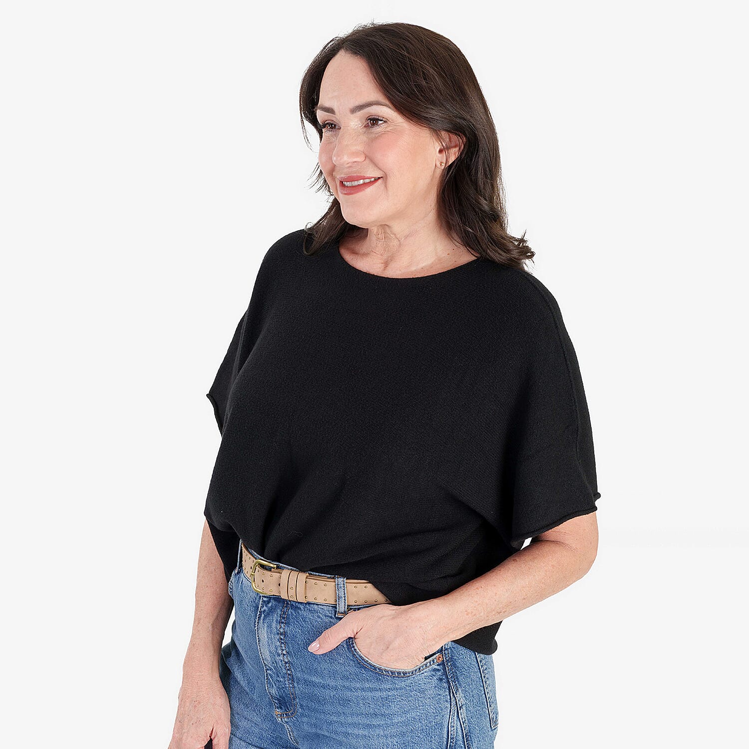 Sugar Crisp Italian-Made Batwing Sleeve Round Neck Top (One Size) - Black