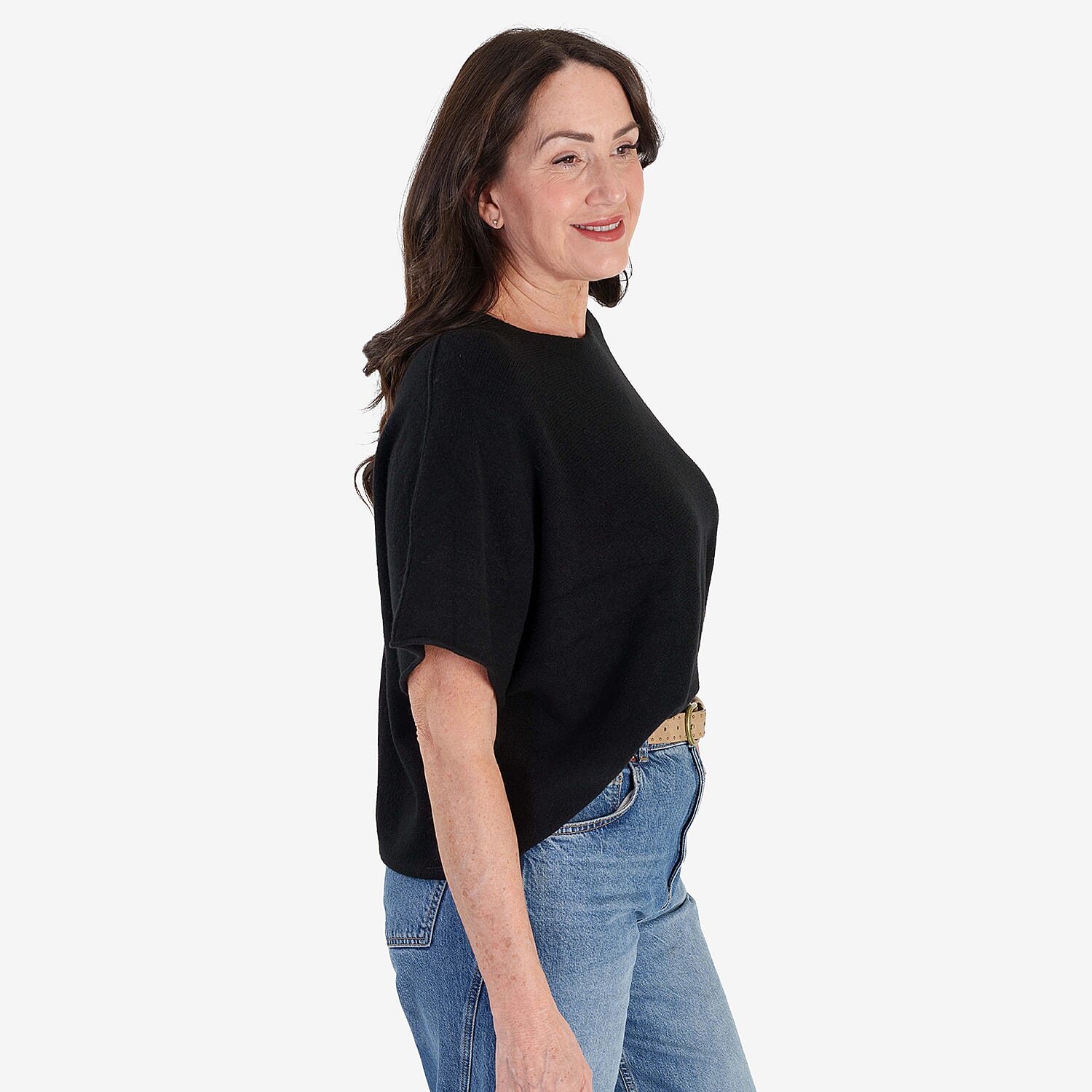 Sugar Crisp Italian-Made Batwing Sleeve Round Neck Top (One Size) - Black