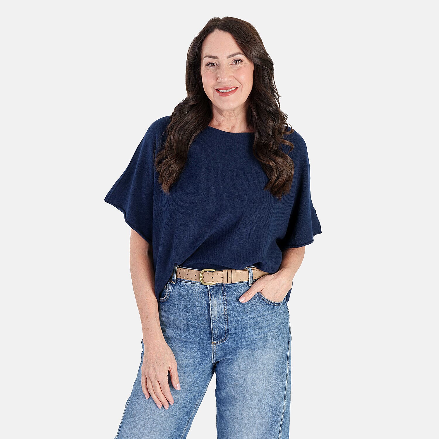 Sugar Crisp Italian-Made Batwing Sleeve Round Neck Top (One Size) - Navy