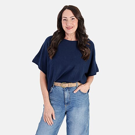 Sugar Crisp Italian-Made Batwing Sleeve Round Neck Top (One Size) - Navy