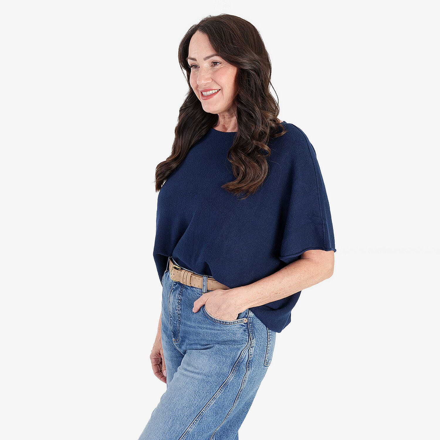 Sugar Crisp Italian-Made Batwing Sleeve Round Neck Top (One Size) - Navy