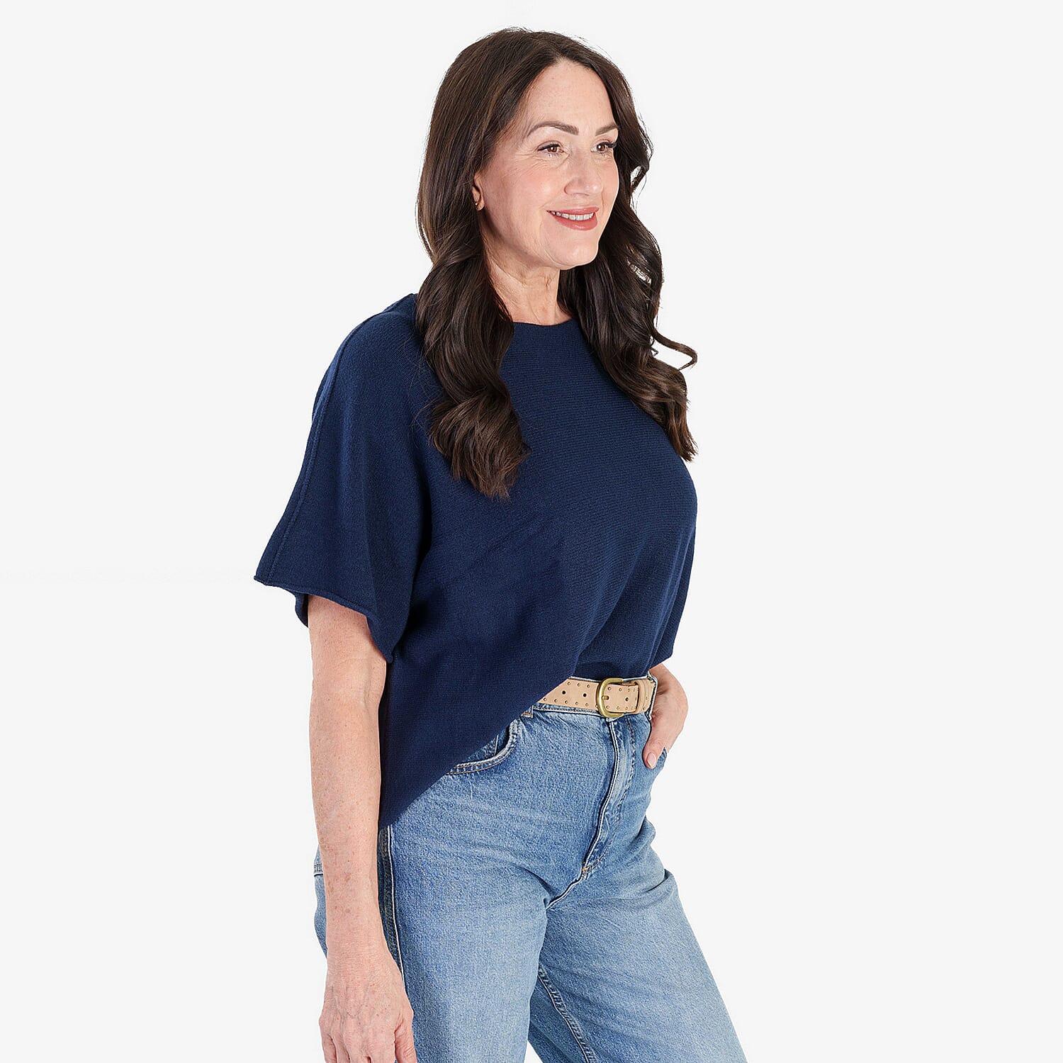 Sugar Crisp Italian-Made Batwing Sleeve Round Neck Top (One Size) - Navy