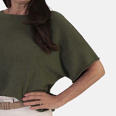Sugar Crisp Italian-Made Batwing Sleeve Round Neck Top (One Size) - Khaki