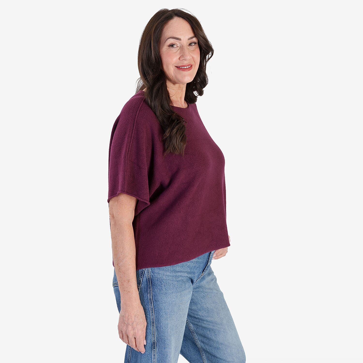 Sugar Crisp Italian-Made Batwing Sleeve Round Neck Top (One Size) - Burgundy