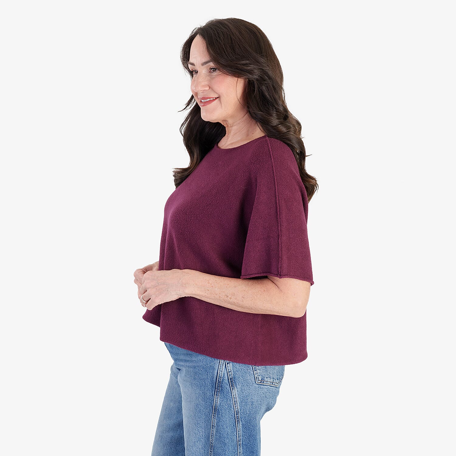 Sugar Crisp Italian-Made Batwing Sleeve Round Neck Top (One Size) - Burgundy