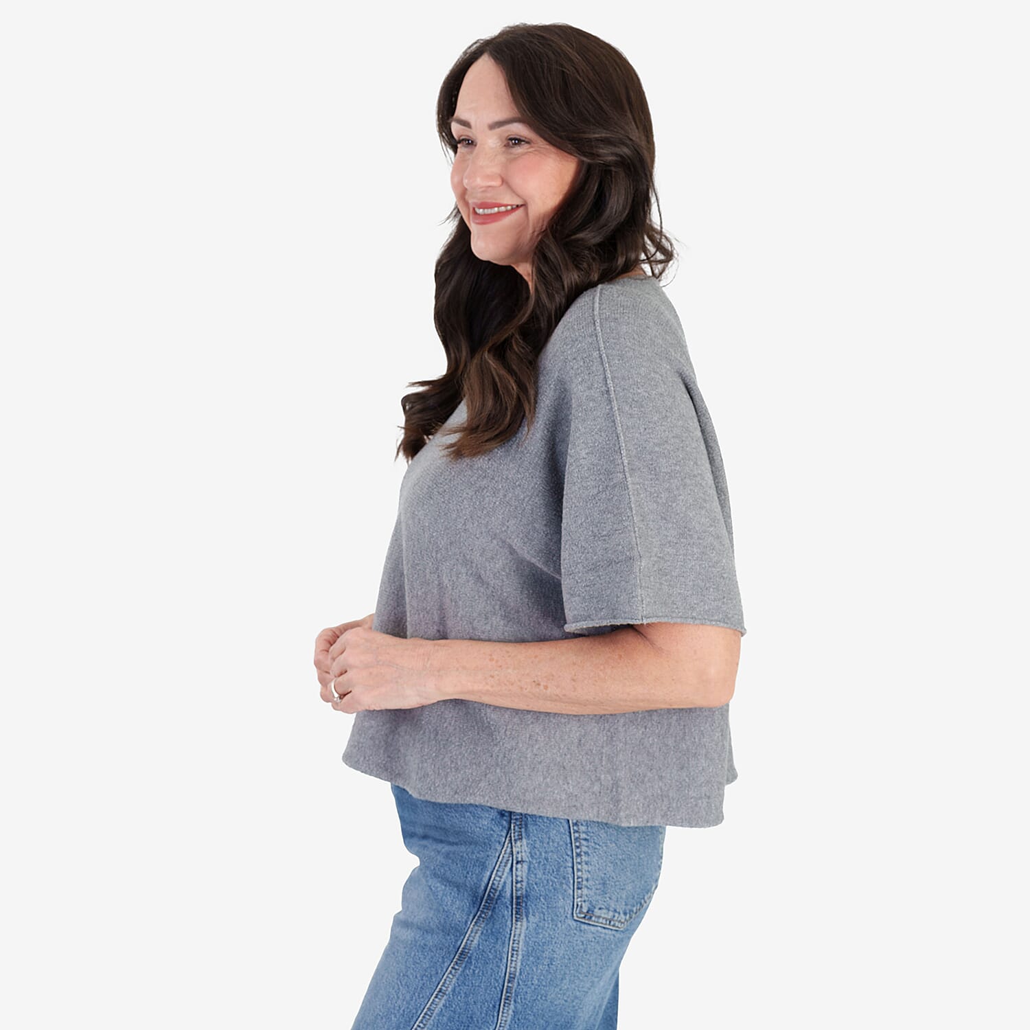 Sugar Crisp Italian-Made Batwing Sleeve Round Neck Top (One Size) - Grey