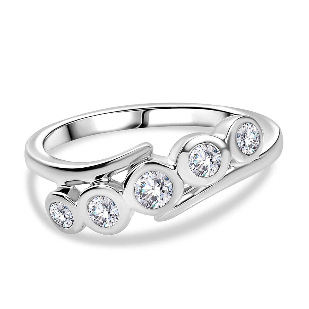 Moissanite 5 Stone Ring in Platinum Overlay Sterling Silver