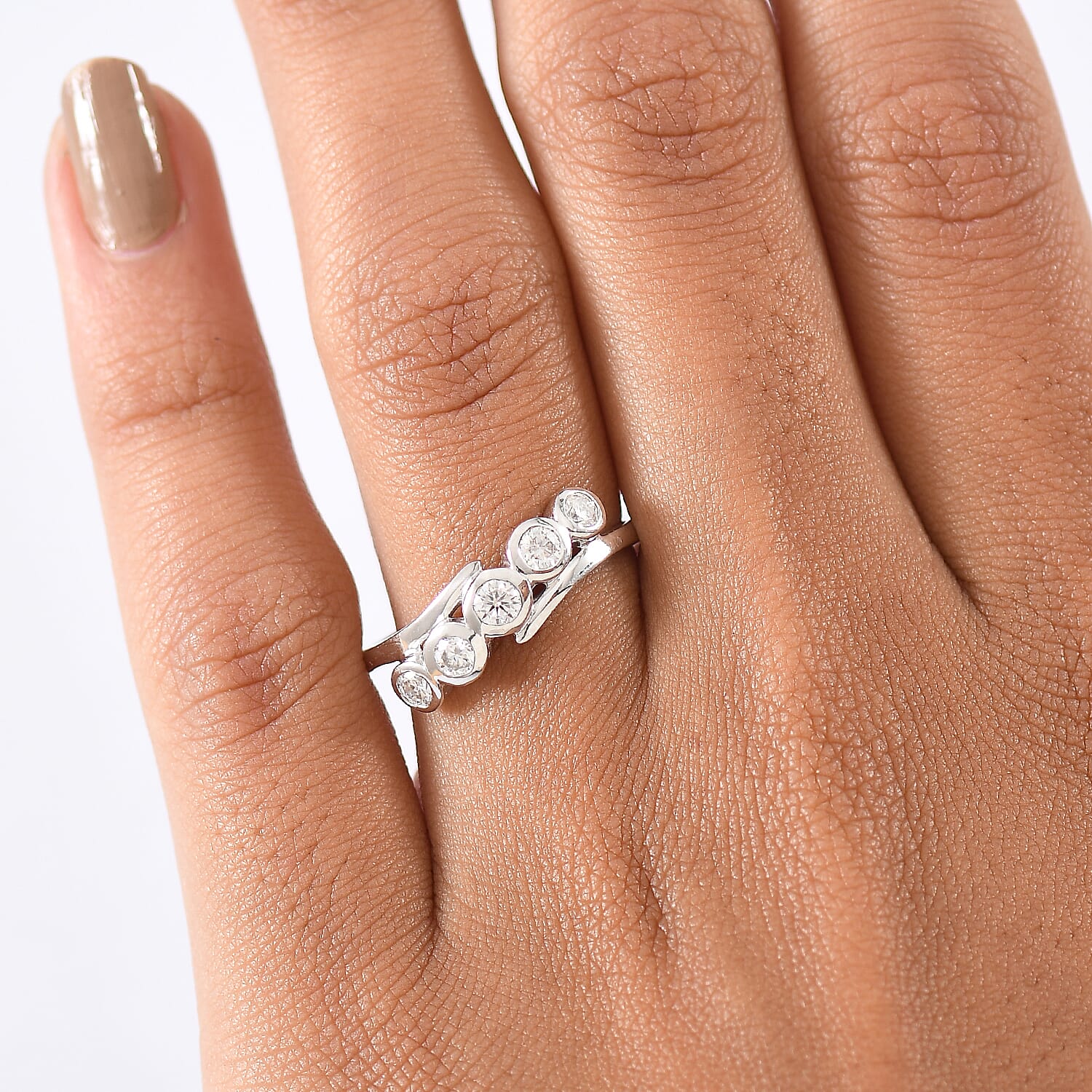 Moissanite 5 Stone Ring in Platinum Overlay Sterling Silver