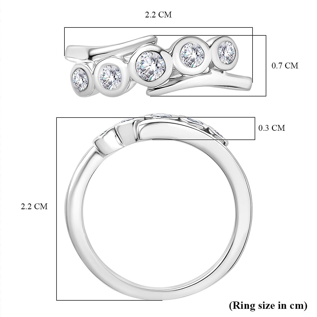 Moissanite 5 Stone Ring in Platinum Overlay Sterling Silver