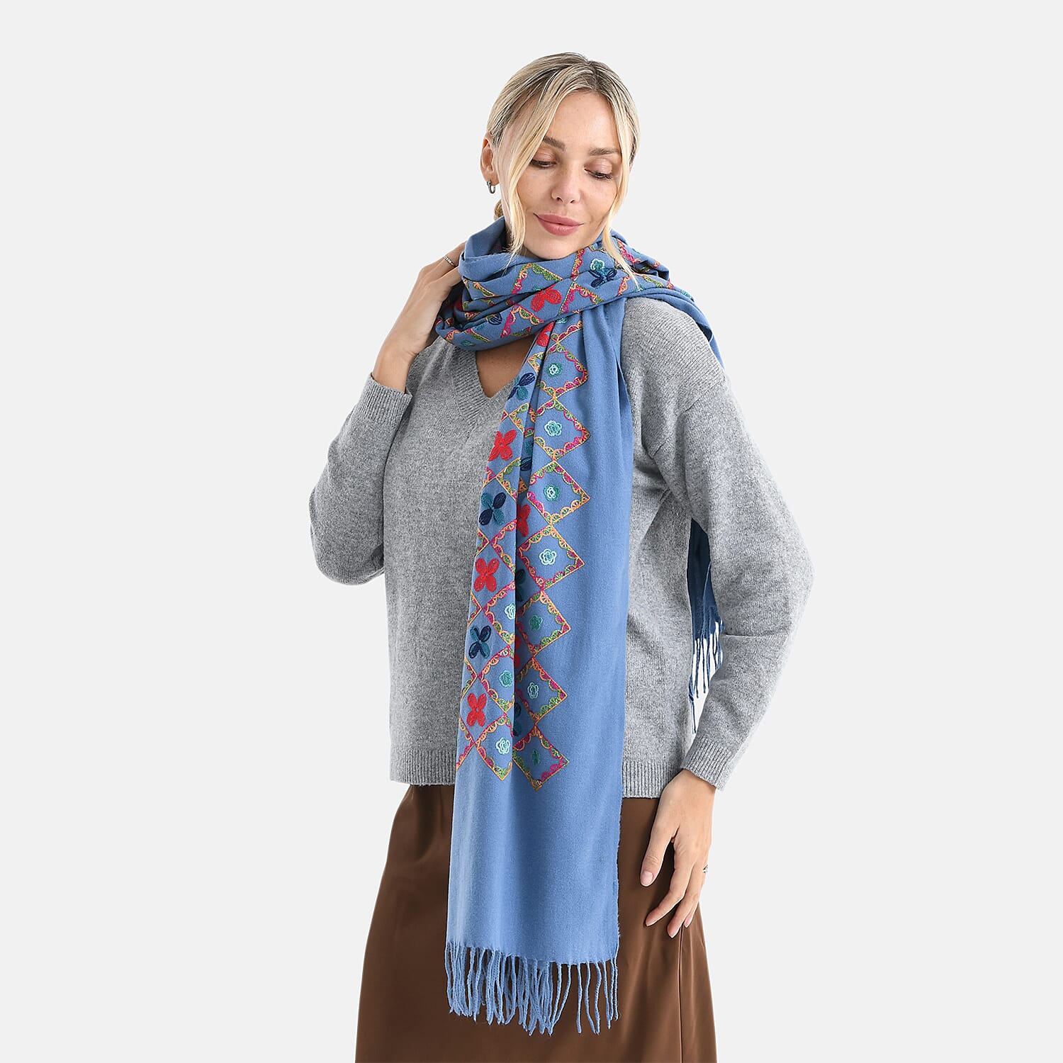 Super Soft Oversized Floral Embroidery Scarf (185 x 70cm) - Blue