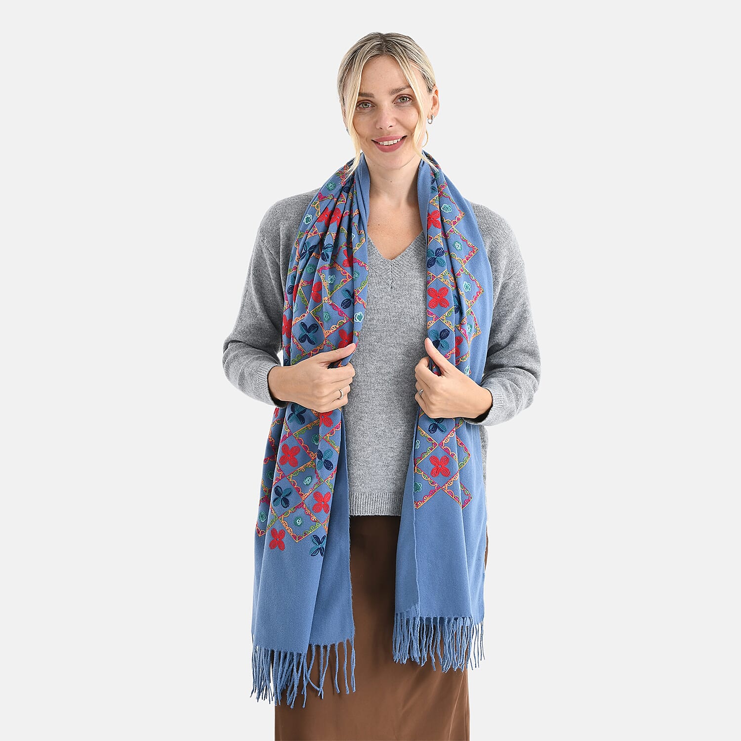 Super Soft Oversized Floral Embroidery Scarf (185 x 70cm) - Blue