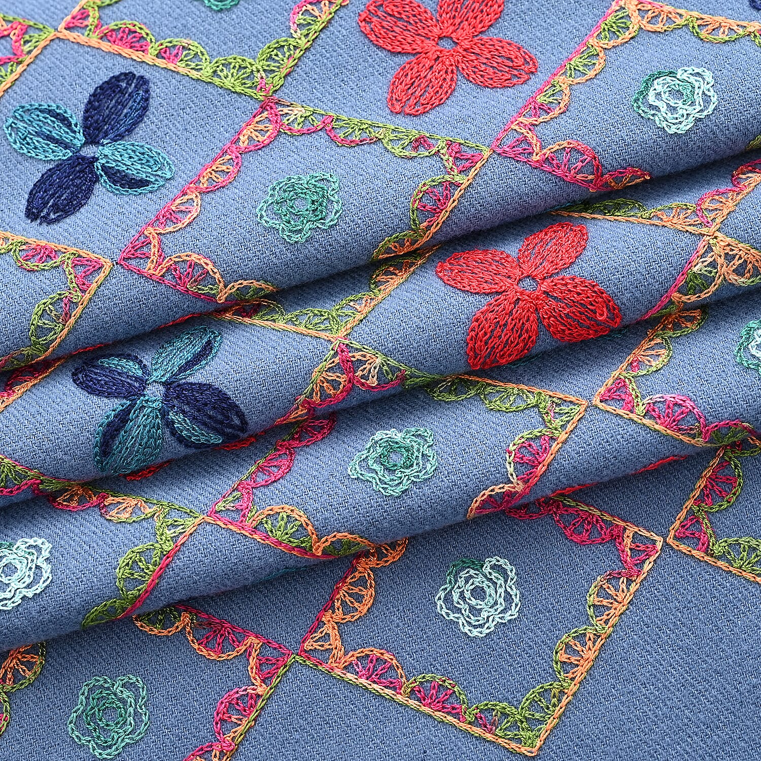 Super Soft Oversized Floral Embroidery Scarf (185 x 70cm) - Blue