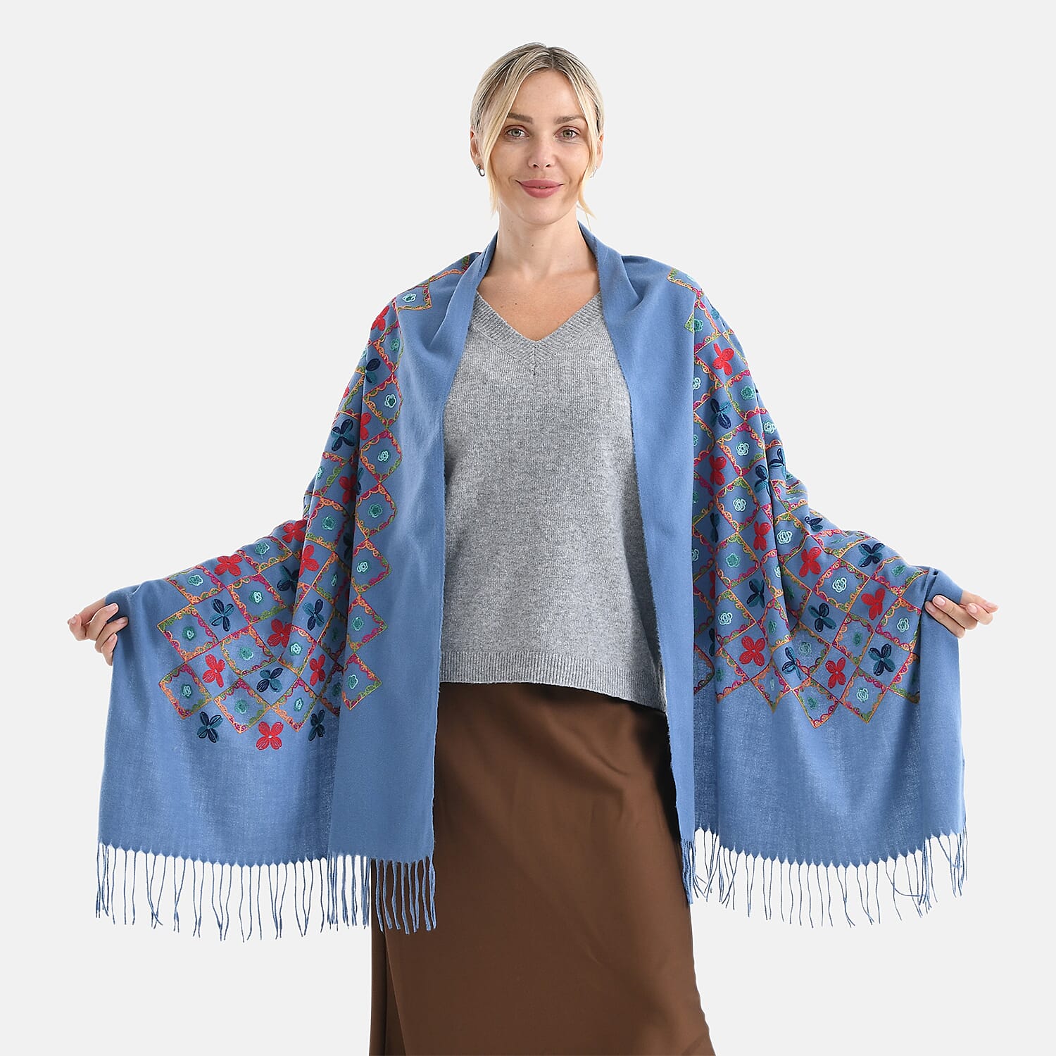 Super Soft Oversized Floral Embroidery Scarf (185 x 70cm) - Blue