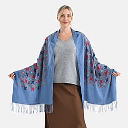 Super Soft Oversized Floral Embroidery Scarf (185 x 70cm) - Blue
