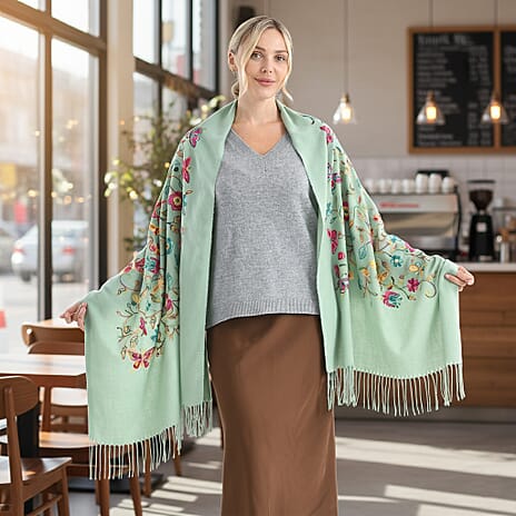 Super Soft Oversized Floral Embroidery Scarf (185 x 70cm) - Green