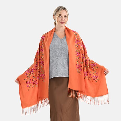 Super Soft Oversized Floral Embroidery Scarf (185 x 70cm) - Orange