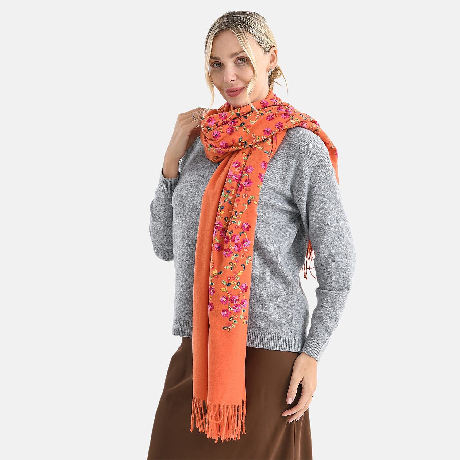 Super Soft Oversized Floral Embroidery Scarf (185 x 70cm) - Orange