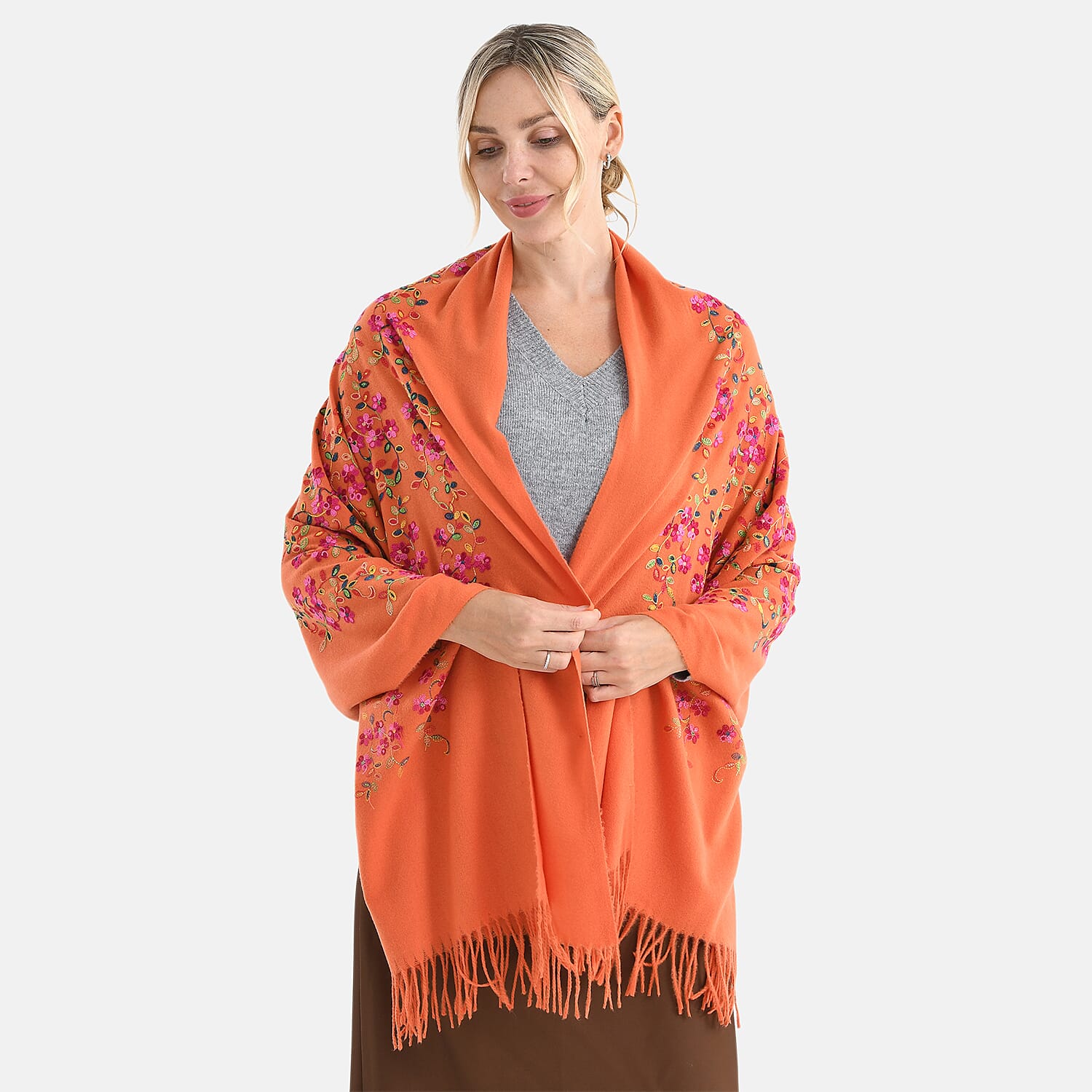Super Soft Oversized Floral Embroidery Scarf (185 x 70cm) - Orange