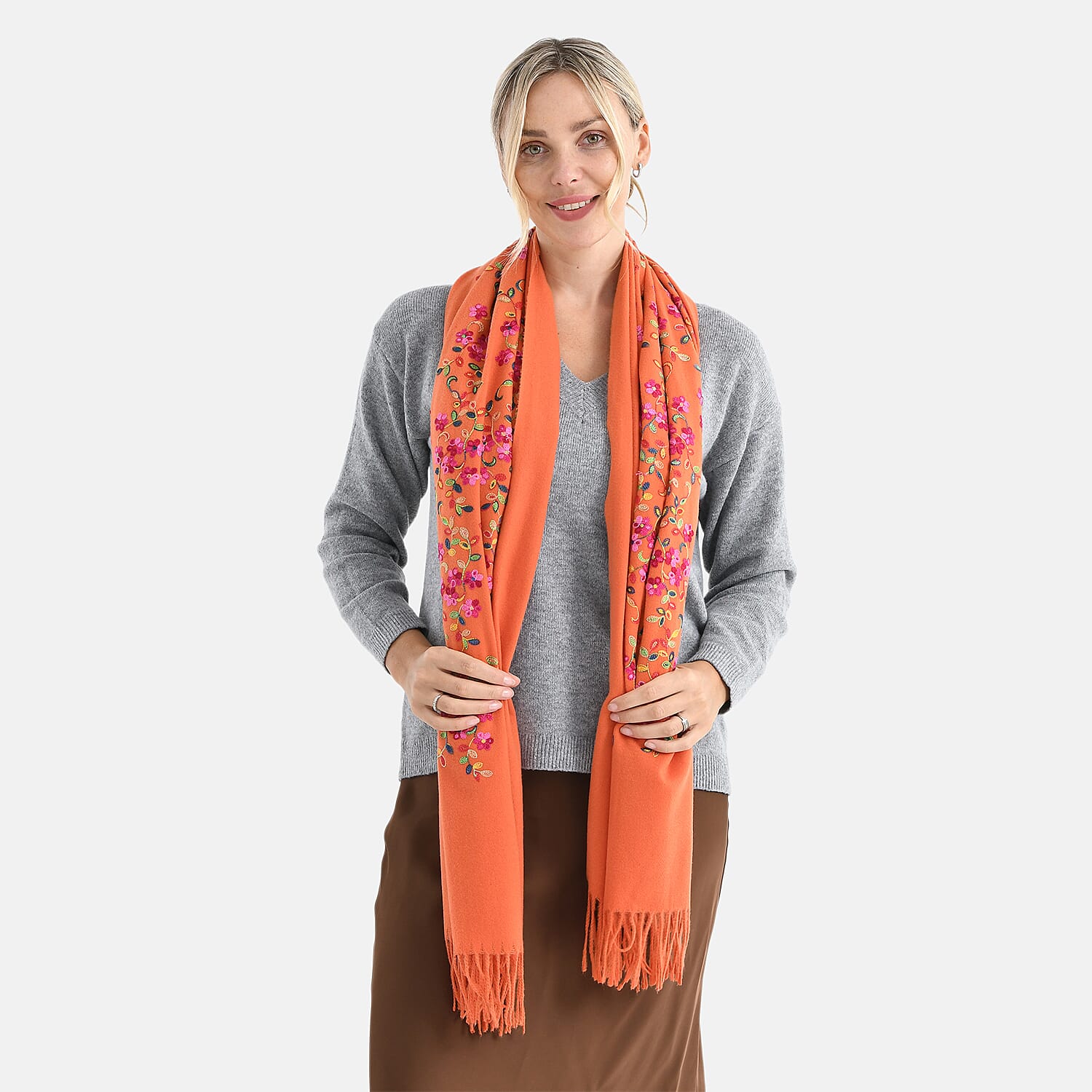 Super Soft Oversized Floral Embroidery Scarf (185 x 70cm) - Orange