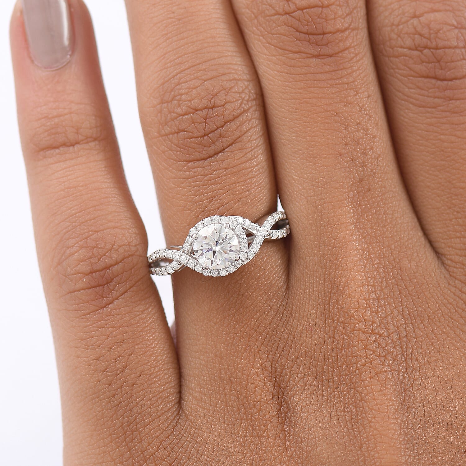 D'Joy Moissanite Halo Ring in Rhodium OverlaySterling Silver  1.174  Ct.