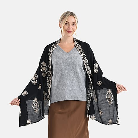 Super Soft Oversized Floral Embroidery Scarf (180 x 65cm) - Black