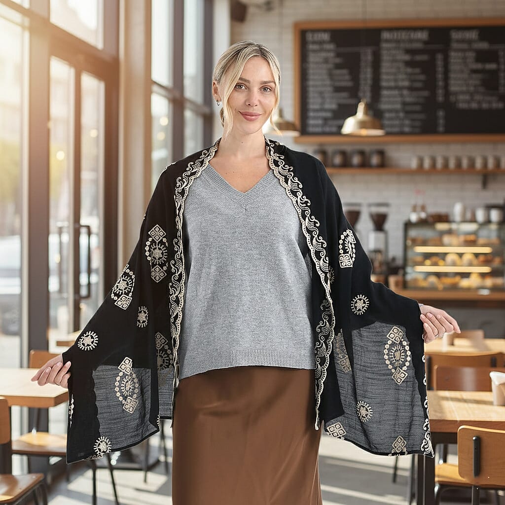 Super Soft Oversized Floral Embroidery Scarf (180 x 65cm) - Black