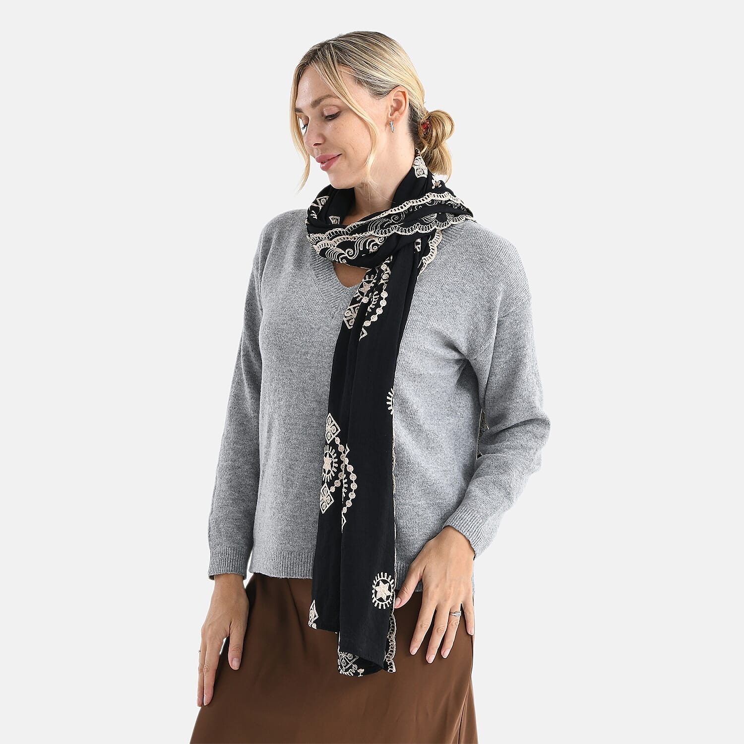 Super Soft Oversized Floral Embroidery Scarf (180 x 65cm) - Black