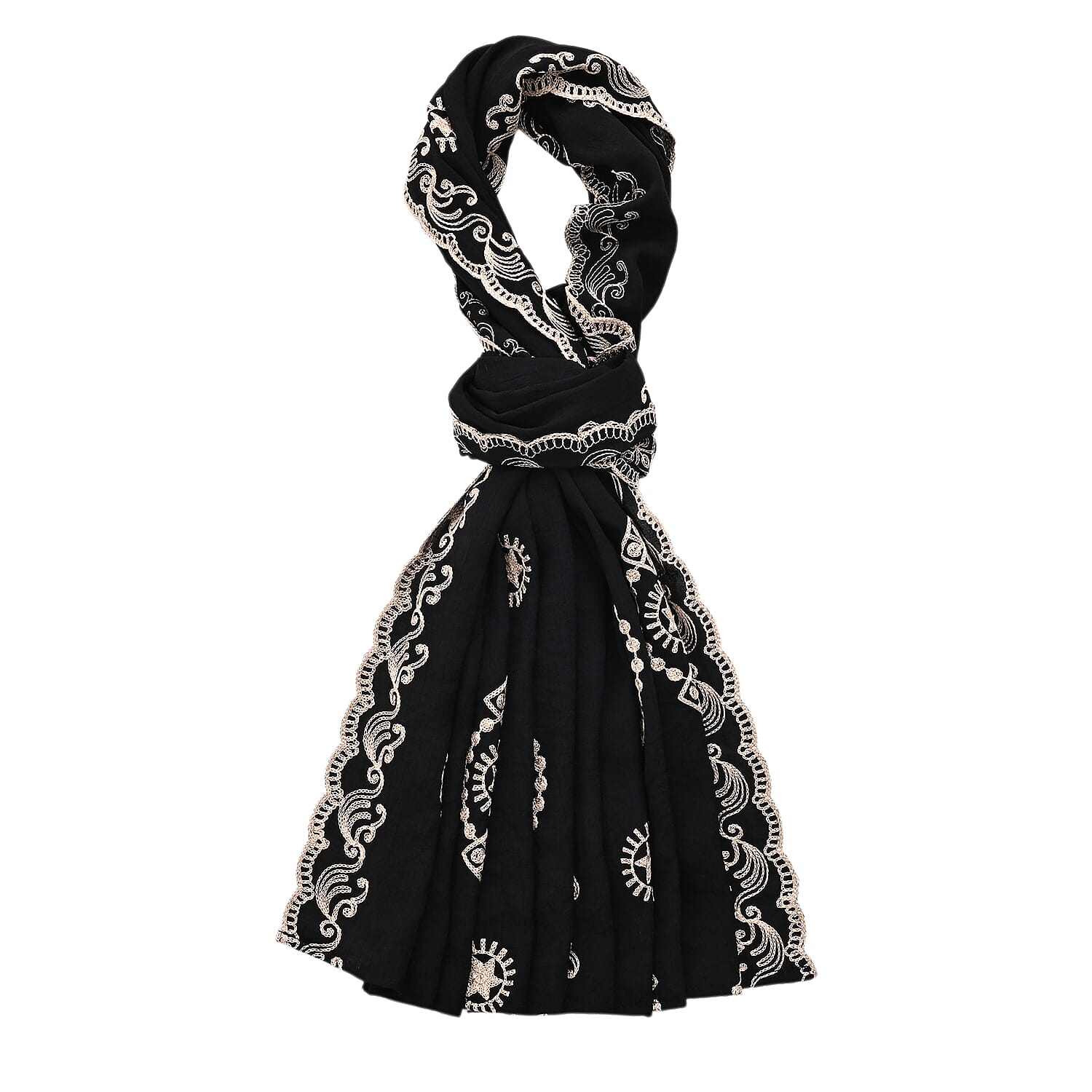 Super Soft Oversized Floral Embroidery Scarf (180 x 65cm) - Black