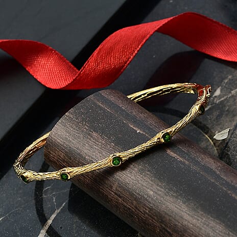 EverTrue Natural Chrome Diopside Bamboo Bangle (Size 7.5) in Yellow Gold Plated