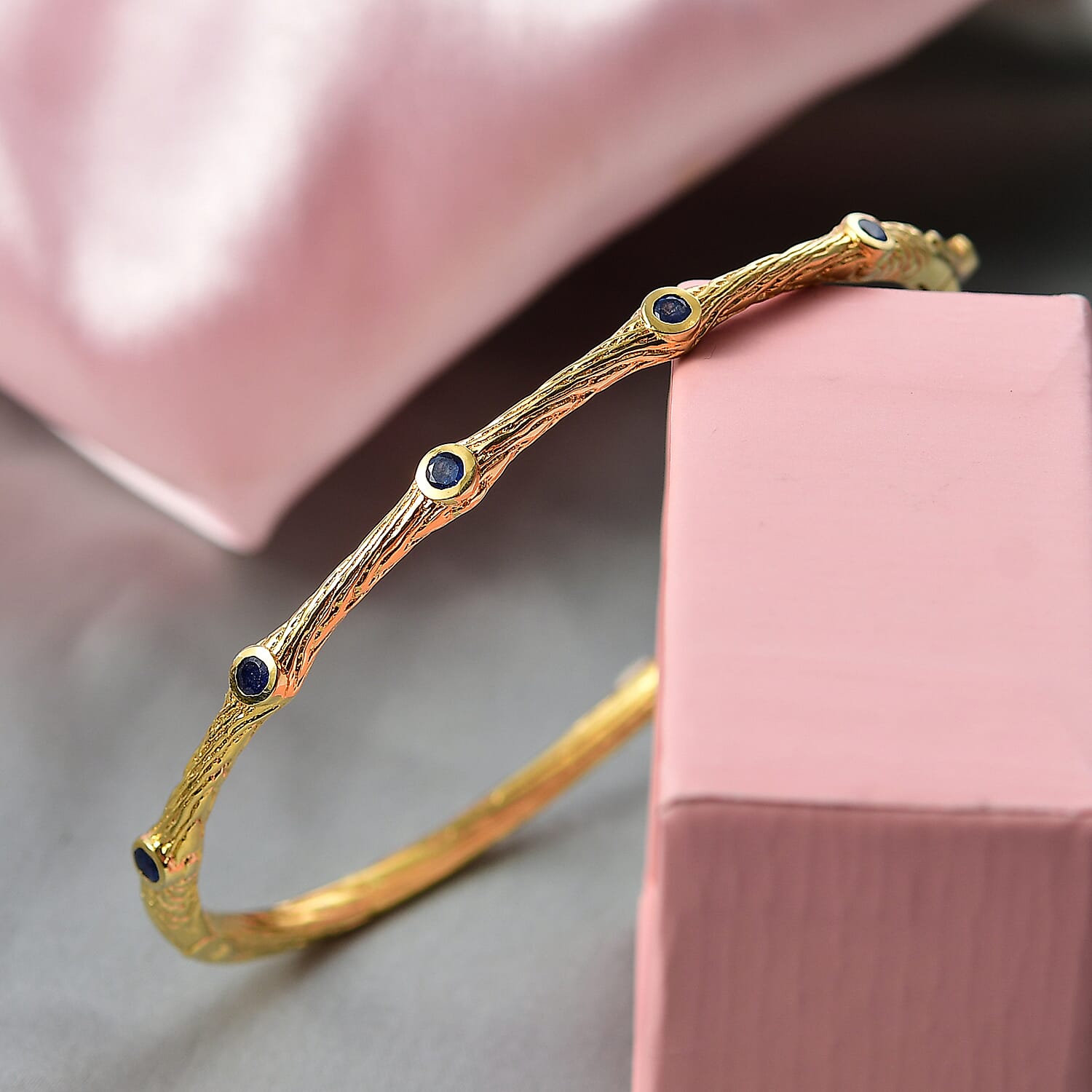 EverTrue Blue Sapphire Bamboo Bangle in Yellow Gold Plated