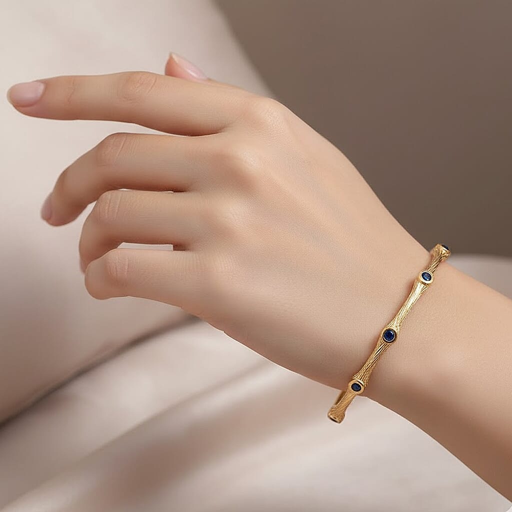 EverTrue Blue Sapphire Bamboo Bangle in Yellow Gold Plated