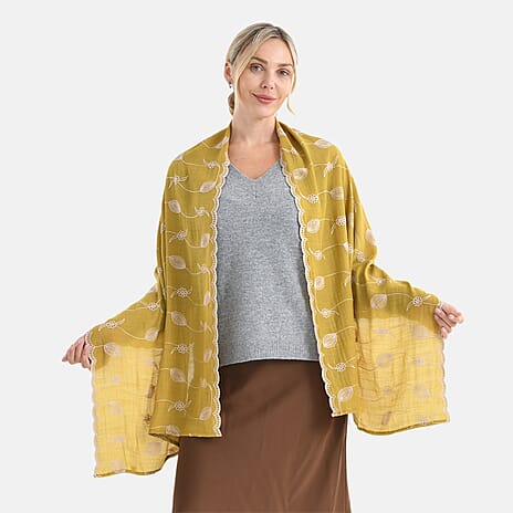Super Soft Oversized Floral Embroidery Scarf (180 x 65cm) - Yellow
